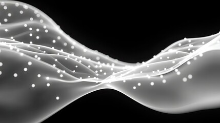 An abstract visualization of a flowing white wave-like structure adorned with numerous small, glowing white particles against a stark black background. The ligh