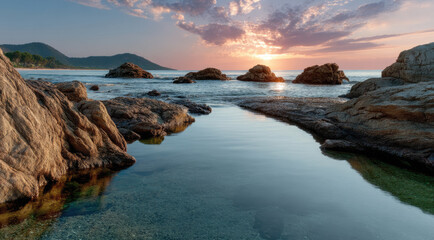 Serene sunset over rocky coast with calm water, dramatic clouds, and distant mountains reflecting peaceful evening light
