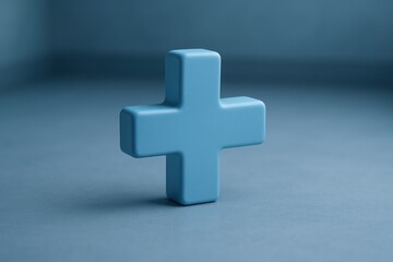 Fototapeta premium A teal-colored 3D rendered plus sign, slightly floating, against a matching backdrop
