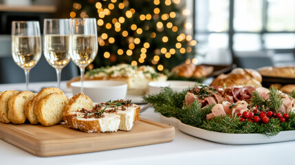 Holiday dinner table with crostini, cheese spread, charcuterie and glowing string lights