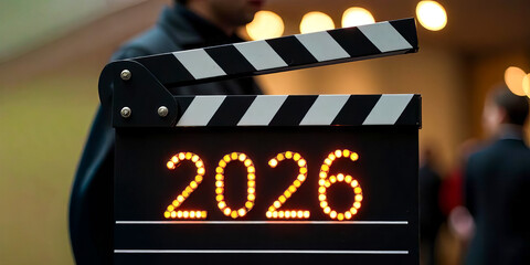Male hands holding a clapper board with the numbers 2026, the symbol of the New year. Film making equipment. Concept of beginning of the New year, advertising banner with copy space