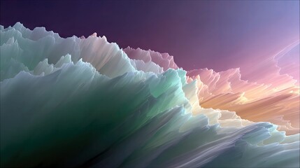 An abstract, digitally generated landscape resembling mountain peaks or clouds, rendered in soft pastel colors of green, blue, pink, and orange, with a gradient