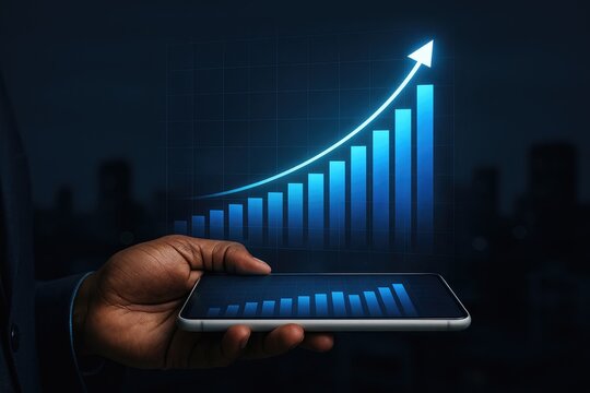 Digital growth chart on phone screen, business analytics and stock market trends