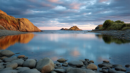 Serene sunset over rocky coast with calm water, dramatic clouds, and soft light reflecting peaceful atmosphere