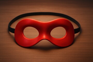 A vibrant red eye mask with black strap lies on a warm-toned wooden surface