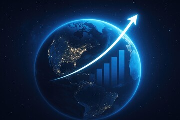 Global growth chart with rising arrow over Earth at night, business finance concept