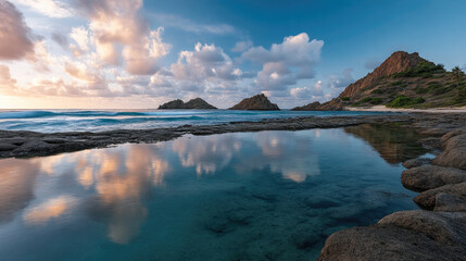 Serene sunset over rocky coast with calm water reflecting clouds, tranquil beach, dramatic sky, peaceful nature scene