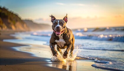 A happy dog runs on a beach at sunset, splashing in the water, with blurred cliffs in the background