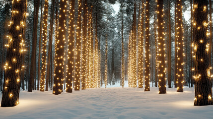 Snowy pine forest with warm string lights wrapped around trunks, serene winter evening glow