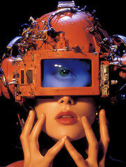 Cybernetic Vision Woman with Futuristic Headset and Screen Eye