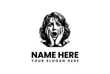 Surprised woman face expression, vector logo illustration with open mouth and hands, shocked style