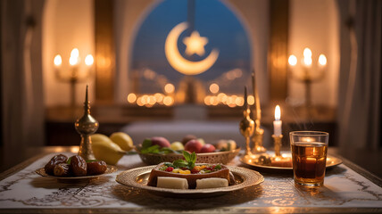 Ramadan Kareem Crescent Moon with Food Table Setup