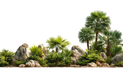 Tropical foliage and rocks on a black background
