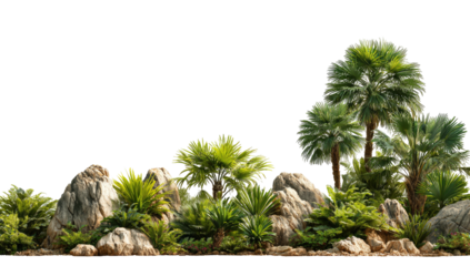 Tropical foliage and rocks on a black background