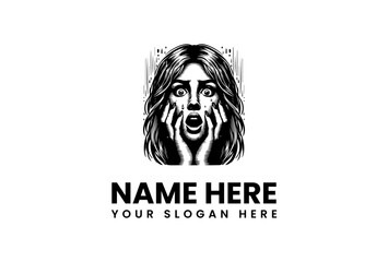 Vector logo illustration of a scared face with open mouth and hands on cheeks for a business