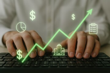 Typing on keyboard with financial growth chart, dollar signs, and building icons indicating business success and profit.