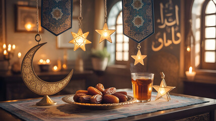 Ramadan Iftar Table with Lanterns and Crescent Decorations