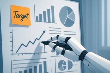 Robot hand points to increasing graph and pie chart on white board, business data analytics