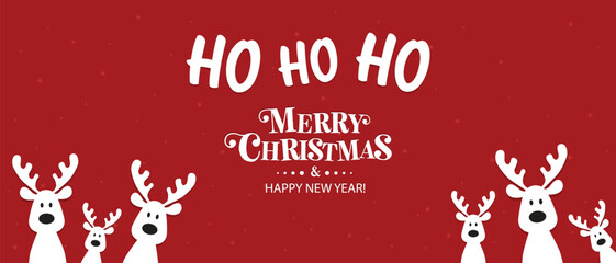 Cute Christmas reindeer on a red background. Christmas background, banner, or card. New trending vector illustration.