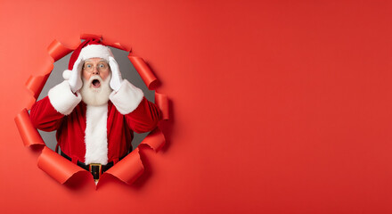 Santa Claus in red suit bursts through torn red paper with a surprised expression and raised hands.