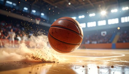 Action shot A basketball hitting the shiny court mid-game in a stadium filled with blurred spectators