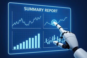 Robotic arm interacts with digital summary report and financial charts, data analysis, artificial intelligence, finance growth