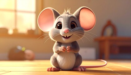 Adorable, big-eyed cartoon mouse sitting on wooden floor with soft lighting and blurred background in warm color palette