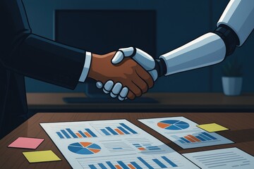Human and robot handshake on office desk with financial reports and data analytics