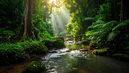 Obraz premium Lush rainforest scenery with a flowing river, sunlight filtering through leaves