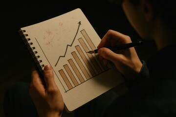Person sketching financial growth chart on notebook with pen, analyzing business trends