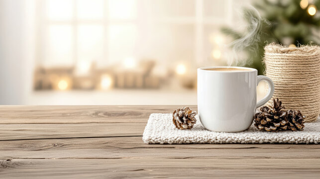 Steaming hot coffee mug on wooden table with pinecone and cozy decor