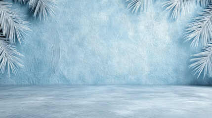Icy blue winter background with frosted pine branches and textured floor evoking calmness