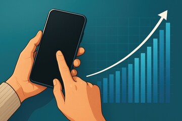 Mobile growth analytics with upward trend graph and hand holding phone