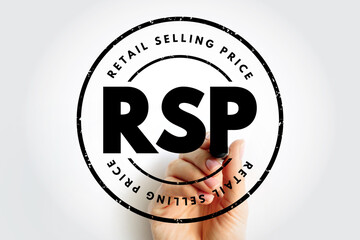 RSP text in a round stamp marked retail selling price along the border, with a hand behind the transparent letters holding a marker, forming a clear pricing label concept
