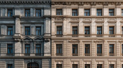 Naklejka premium Architectural Contrast: Weathered and Restored Classical Building Facade