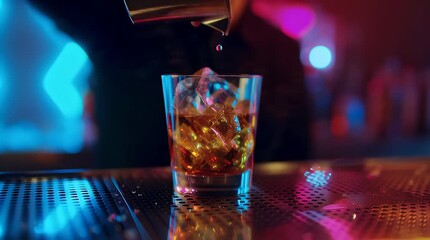 Pouring beverage into glass with ice against blurred lighting - Powered by Adobe