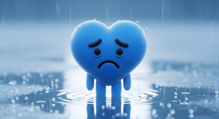 Sad blue heart character standing in rain puddles crying water