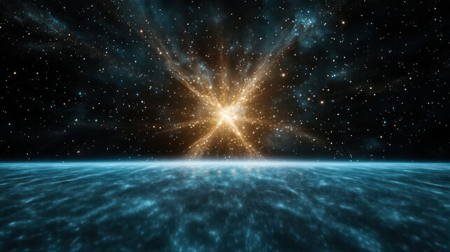 Radiant golden starburst above cyan cosmic ocean, dramatic luminous space vista - Powered by Adobe