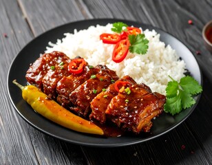 Close-up of glazed meat with rice, chili peppers, and herbs