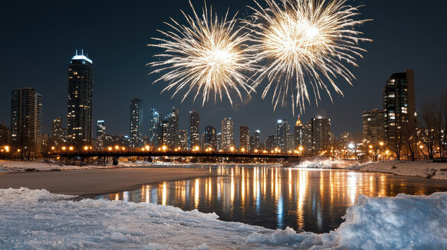 Snowy riverfront city skyline with fireworks reflecting over icy water