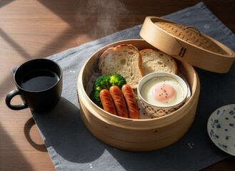 Cozy Steamer Breakfast with Sausage, Bread, and Soft-Boiled Egg