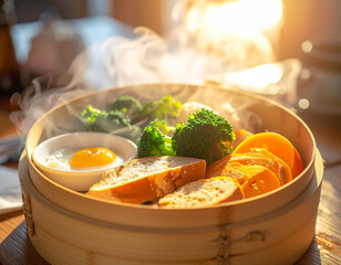 Steamed Breakfast Basket with Soft-Boiled Egg and Vegetables