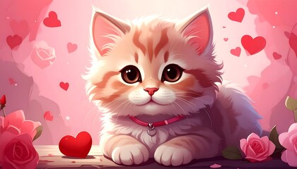 Adorable kitten with striped fur, gazing sweetly amidst a pink heart and rose-filled backdrop, perfect for Valentine's