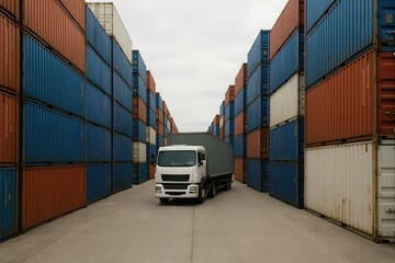 Logistics yard with stacked cargo containers and a truck, freight transport solutions