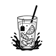 A black and white illustration of a glass filled with ginger tea, a lemon wedge, a tea bag, and a straw. Ginger tea, lemon drink, herbal drink, hot tea, citrus infusion
