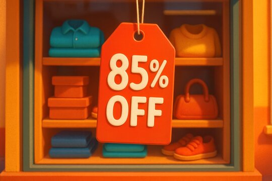 Cartoonish store display featuring a large red sale tag, shelves of folded items - Powered by Adobe