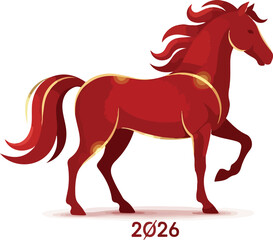 A red horse is featured with golden accents and the year 2026 at the base