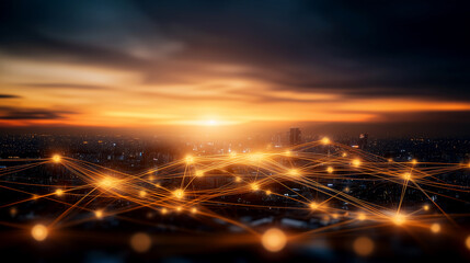 Obraz premium Cityscape at dusk with glowing orange network lines.