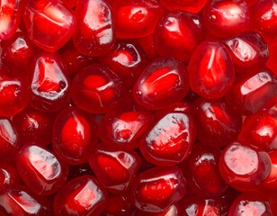 Close-up of glossy, bright red pomegranate seeds