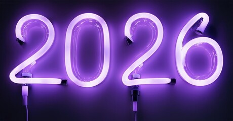 Bright purple neon sign displays year 2026. Dark background emphasizes glowing numbers, creating modern aesthetic.